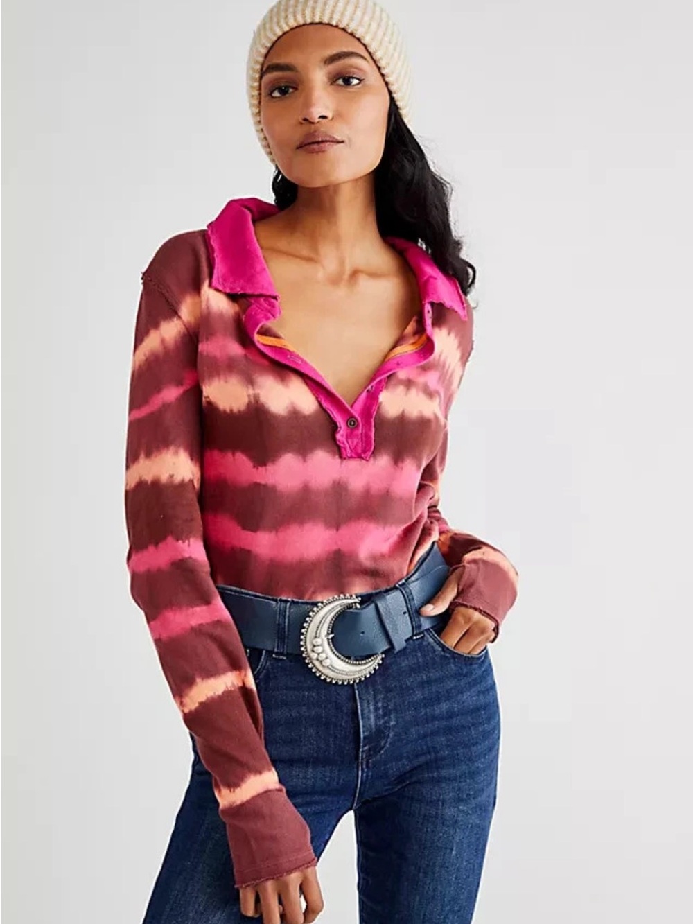 FREE PEOPLE DREAMY TEE IN RASBERRY COMBO long sleeve SIZE medium boho